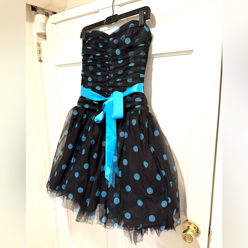 Jessica McClintock EUC Amazing Blue Polka Dot Black Tulle Cocktail Party Dress - Picture 2 of 10